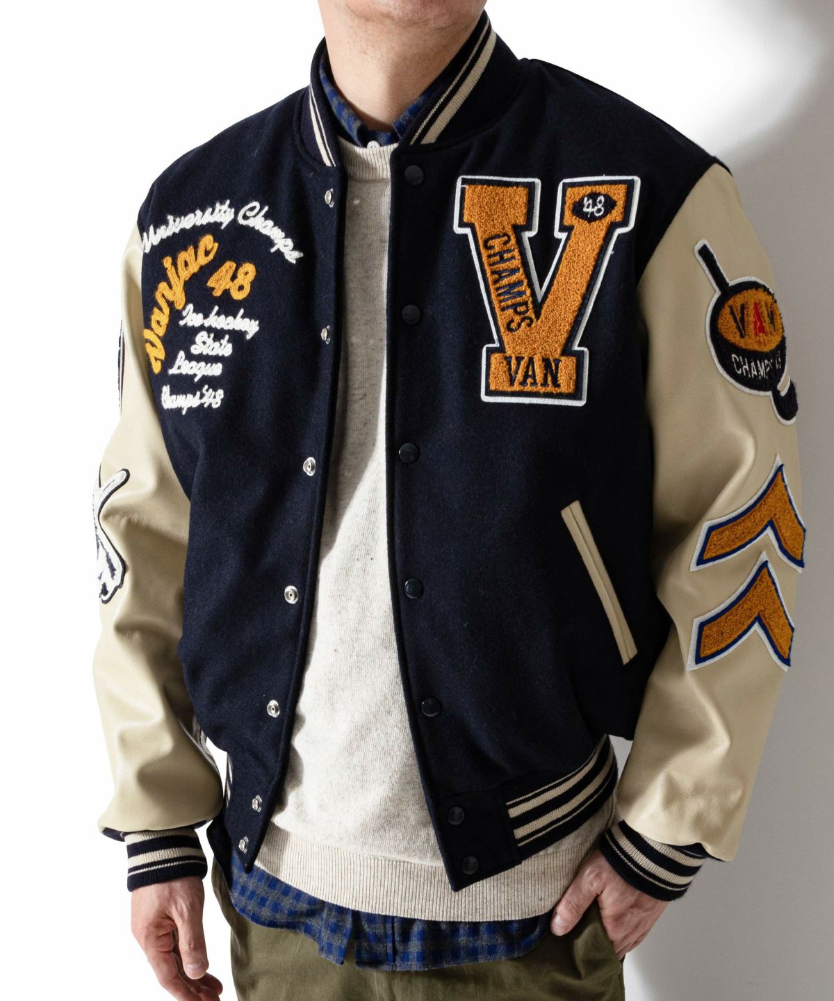 本物 VAN JAC VANSON コラボ 袖革レザースタジャン VAN JACKET XL 