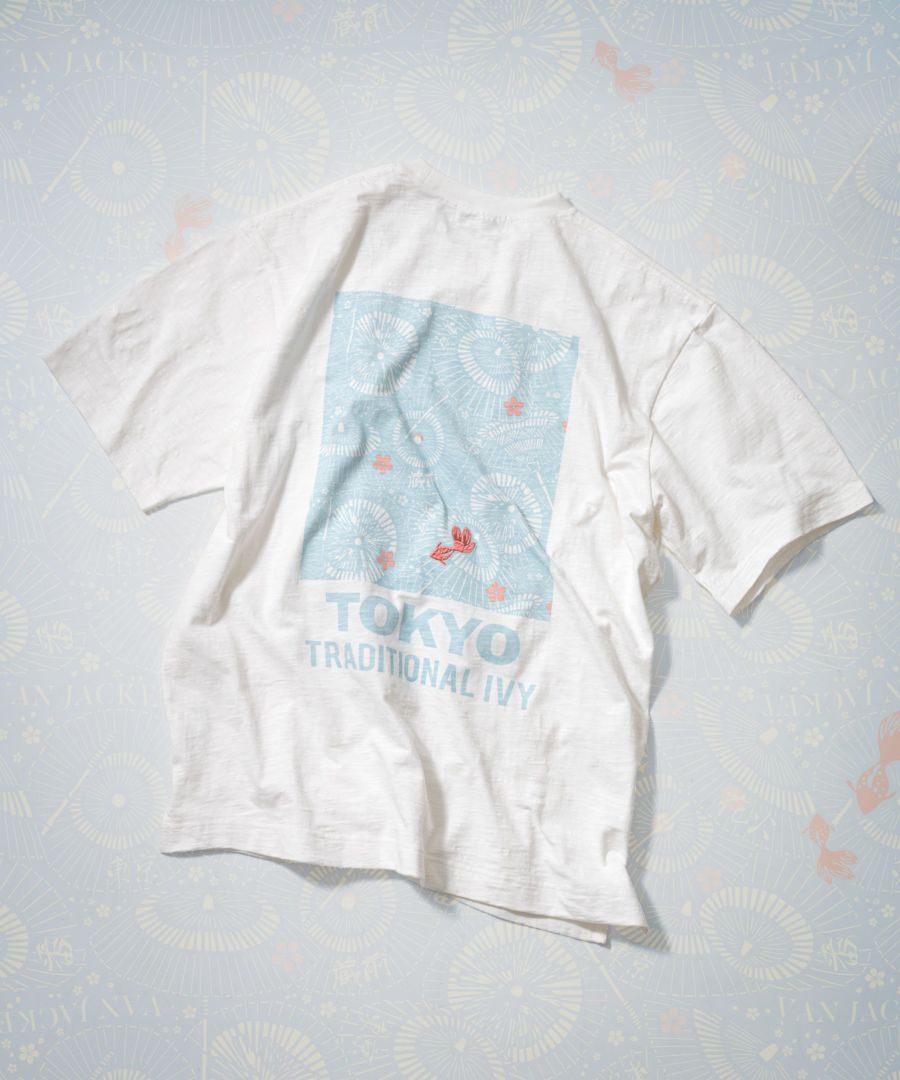 プリント刺繍Tシャツ<br>＜和傘×金魚＞<br>＜スラブ天竺＞